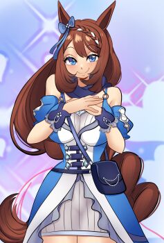 1girl absurdres animal_ears bag bare_shoulders blue_bag blue_dress blue_eyes blue_scarf blue_wrist_cuffs blush bow braid braided_ponytail breasts brown_hair closed_mouth dress ear_bow hair_between_eyes highres horse_ears horse_girl horse_tail large_breasts long_hair looking_at_viewer missandydandy multicolored_hair scarf shoulder_bag smile solo streaked_hair super_creek_(murmuring_stream)_(umamusume) super_creek_(umamusume) tail umamusume very_long_hair white_hair wrist_cuffs