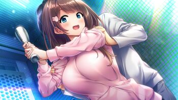 1girl :o amakusa_hisagi azarashi_soft baffu baseball_bat blue_eyes blush breasts brown_hair from_below game_cg hands_up highres holding holding_bat jacket large_breasts light_blush long_hair long_sleeves looking_at_viewer open_mouth pink_jacket playing standing tomodachi_kara_koibito_e upper_body