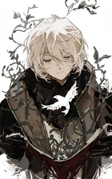 Rule 34 | 1boy, ateveryone, bags under eyes, bird, black eyes, black gloves, black scarf, book, brown coat, chinese commentary, closed mouth, coat, colored eyelashes, commentary, expressionless, facing viewer, gloves, highres, holding, holding book, looking at animal, male focus, open book, plant, reverse:1999, scarf, shirt, short hair, simple background, solo, straight-on, upper body, vines, white background, white eyelashes, white hair, white shirt, zima (reverse:1999)