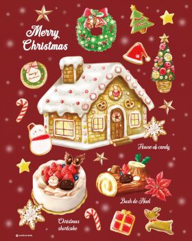 cake candy candy_cane christmas_wreath commentary cookie food food_focus fruit gingerbread_house highres merry_christmas no_humans original saku_sakuraba16 shortcake star_(symbol) strawberry symbol-only_commentary wreath yule_log_(cake)