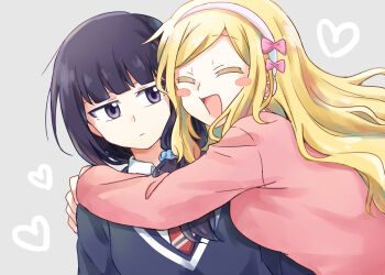 2girls black_hair black_sweater blonde_hair blush carol_olston closed_eyes grey_background gundou_misuzu hair_ornament hair_scrunchie hairband heart hug long_hair multiple_girls necktie pink_sweater scrunchie sweater tomo-chan_wa_onna_no_ko youyan yuri