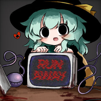 1girl black_eyes black_hat blood blood_stain cleaver commentary_request computer english_text eyeball frilled_shirt_collar frilled_sleeves frills green_hair grey_background hat hat_ribbon heart heripantomorrow komeiji_koishi monitor open_mouth ribbon shirt smile static table television third_eye touhou wide_sleeves wooden_table yellow_ribbon yellow_shirt