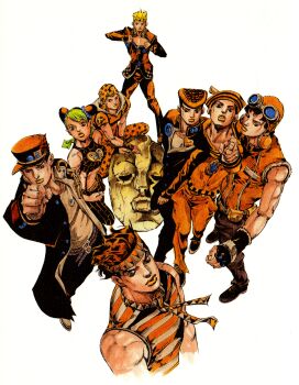 1girl 6+boys animal_print araki_hirohiko battle_tendency belt birthmark black_coat black_gloves black_hair black_pants black_shoes blonde_hair breasts brooch butterfly_print chain coat collarbone crop_top cropped_torso diamond_wa_kudakenai dixie_cup_hat double_bun family father_and_daughter father_and_son fingerless_gloves from_above fur-trimmed_gloves fur_trim gakuran giorno_giovanna gloves goggles goggles_on_headwear grandfather_and_grandson green_hair grey_headband grey_hood grey_shirt grey_shoes hair_bun hat headband headband_around_neck heart heart_brooch heart_ornament higashikata_josuke higashikata_josuke_(jojolion) high_collar highres hood hood_down hoodie horseshoe_hat_ornament horseshoe_ornament in-franchise_crossover jewelry joestar_birthmark johnny_joestar jojo_no_kimyou_na_bouken jojo_pose jojolion jonathan_joestar joseph_joestar joseph_joestar_(young) kuujou_jolyne kuujou_joutarou ladybug_ornament long_coat makeup medium_breasts military_hat multicolored_hair multiple_belts multiple_boys official_alternate_costume official_art open_clothes open_coat orange_hair orange_hat orange_headband orange_hoodie orange_lips orange_pants orange_sailor_collar orange_theme pants peace_symbol peaked_cap phantom_blood pointing pointing_at_viewer pompadour sailor sailor_collar sailor_hat scan school_uniform shirt shoes short_sleeves sitting sleeveless sleeveless_shirt spider_web_print standing star_(symbol) star_print stardust_crusaders steel_ball_run stone_mask_(jojo) stone_ocean striped_clothes striped_shirt time_paradox traditional_media triangle_print two-tone_hair two-tone_headband uncle_and_nephew vento_aureo wariza