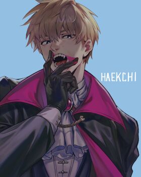 1boy alternate_costume artist_name ascot black_cape black_gloves blonde_hair blue_background cape commentary english_commentary fangs gloves haekchi hand_on_own_face highres looking_at_viewer male_focus mob_psycho_100 open_mouth reigen_arataka short_hair simple_background solo teeth white_ascot