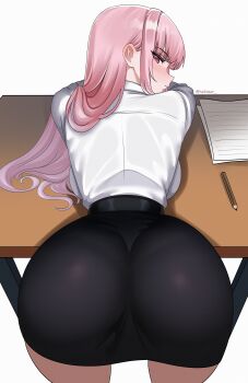 Rule 34 | 1girl, absurdres, alternate costume, ass, ass focus, back, backboob, bent over, blush, breasts, closed mouth, commentary, desk, from behind, hair behind ear, hair over shoulder, head rest, helldeer, high-waist skirt, highres, hololive, hololive english, huge ass, large breasts, long hair, looking at viewer, looking back, miniskirt, mori calliope, office lady, paper, pencil, pencil skirt, pink eyes, pink hair, shirt, shirt tucked in, simple background, skirt, solo, table, taut clothes, taut skirt, thighs, twitter username, virtual youtuber, white background, white shirt