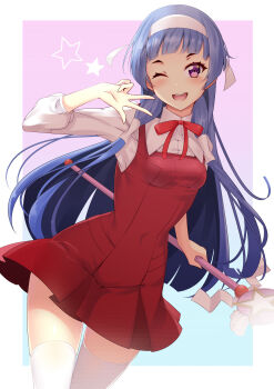 1girl ;d absurdres blue_hair blush border breasts commentary dress dress_shirt headband highres holding holding_staff kannagi koyaya long_hair long_sleeves looking_at_viewer nagi_(kannagi) neck_ribbon one_eye_closed open_mouth outside_border pinafore_dress purple_eyes red_dress red_ribbon ribbon shirt short_dress sleeveless sleeveless_dress small_breasts smile solo staff straight_hair thighhighs very_long_hair w white_border white_headband white_shirt white_thighhighs zettai_ryouiki