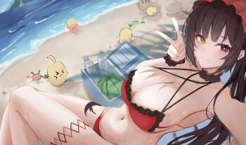 1girl azur_lane baby_animal beach bikini bird black_hair bottle breasts chick cleavage closed_mouth cooler date_a_live food fruit heterochromia highres kiseon1310 large_breasts long_hair manjuu_(azur_lane) navel official_alternate_costume red_bikini red_eyes sand smile solo swimsuit tokisaki_kurumi tokisaki_kurumi_(spirit) tokisaki_kurumi_(twin_rose) twintails v very_long_hair water water_bottle watermelon yellow_eyes