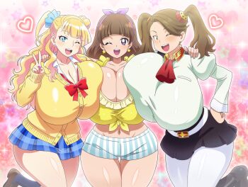 3girls absurdres amanogawa_kirara belt blonde_hair blue_eyes blush bow breast_press breasts brown_eyes brown_hair cleavage female_focus galko gigantic_breasts go!_princess_precure gundam gundam_build_fighters gundam_build_fighters_try gyaru hair_bow heart highres hitokiwa_kenchin huge_breasts long_hair midriff miniskirt multiple_girls navel one_eye_closed open_mouth oshiete!_galko-chan precure sazaki_kaoruko school_uniform shiny_clothes shiny_skin short_shorts shorts side_ponytail skirt smile standing symmetrical_docking thick_thighs thigh_gap thighs twintails v wide_hips wink