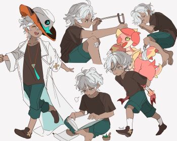 1boy :d ^_^ aged_down ahoge aiming artist_name bandaged_wings bandages barefoot blue_eyes blue_pants blue_shorts book book_on_lap brown_shirt brown_shoes carrying child closed_eyes coat commentary cowboy_hat dark-skinned_male dark_skin feet gauze gauze_on_knee genshin_impact hair_between_eyes hat head_bump highres holding_slingshot ifa_(genshin_impact) knee_up lab_coat long_sleeves looking_down lying male_focus multiple_views on_side open_book open_clothes open_coat open_mouth oversized_clothes pants pants_rolled_up penzi_(mok_pen) piggyback pout qucusaurus_(genshin_impact) reading shirt shoes short_hair shorts simple_background sitting sleeping slingshot_(weapon) smile socks sweatdrop symbol-only_commentary tassel teeth tilted_headwear upper_teeth_only walking white_background white_coat white_hair white_hat white_socks