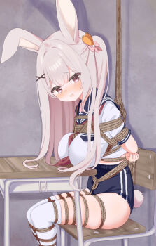 1girl animal_ears arms_behind_back bdsm between_breasts between_legs blue_buruma blush bondage bound bound_arms bound_breasts bound_legs bound_torso breasts buck_teeth buruma carrot_hair_ornament chair clenched_hand crotch_rope desk embarrassed female_focus food-themed_hair_ornament gym_uniform hair_ornament hamuta_(machosbrown) highres huge_breasts indoors large_breasts legs legs_together long_hair looking_ahead looking_to_the_side midriff neckerchief necktie open_mouth original pink_eyes pink_hair ponytail rabbit_ears rabbit_girl rabbit_tail red_neckerchief red_necktie rope sailor_collar sailor_shirt school_chair school_desk shibari shibari_over_clothes shirt short_sleeves side_ponytail sidelocks sitting skin_tight skindentation solo teeth thighhighs thighs tongue white_shirt white_thighhighs worried x_hair_ornament