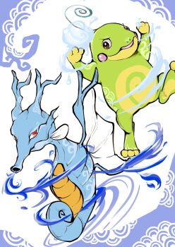 Rule 34 | absurdres, arms up, brown eyes, commentary request, engawa (nekomimi0415), gen 2 pokemon, highres, kingdra, nintendo, no humans, open mouth, pokemon, pokemon (creature), pokemon focus, politoed, red eyes, toes, water, white background