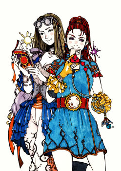 2girls adapted_costume barbara_(dq6) blonde_hair blue_dress book bracelet cellphone commentary_request corset cowboy_shot dragon_quest dragon_quest_vi dress earrings eyebrow_piercing eyewear_on_head face_piercing frilled_gloves frills gloves green_eyes high_ponytail highres holding holding_book holding_phone holding_whip jewelry long_hair looking_at_viewer majoccom mireyu multiple_girls open_book orange_hair ornate_clothes pants phone piercing ponytail purple_eyes short_dress short_sleeves smartphone smile taking_picture white_pants yellow_gloves