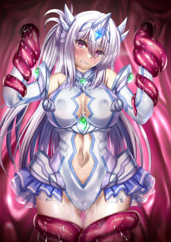 1girl bare_shoulders blush braid breasts chest_jewel cleavage clothing_cutout covered_erect_nipples cowboy_shot elbow_gloves gloves highres kozu_rokuta large_breasts large_variant_set leotard long_hair looking_at_viewer magical_girl mahou_shoujo_inori mamiya_inori navel purple_eyes restrained skirt solo teeth tentacle_pit tentacles variant_set white_gloves white_hair white_leotard