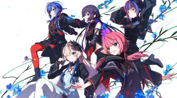 5girls absurdres black_capelet black_dress black_hair black_jacket black_shirt black_skirt blue_dress blue_flower blue_hair blunt_bangs breasts capelet colored_inner_hair cosmos_(cos_mos_f) cropped_jacket detached_sleeves dress flower green_eyes hair_over_one_eye harusaruhi head_wings highres hood hooded_capelet isekaijoucho jacket juliet_sleeves kaf_(kamitsubaki_studio) kamitsubaki_studio koko_(kamitsubaki_studio) long_sleeves low_twintails medium_breasts multicolored_hair multiple_girls open_clothes open_jacket pantyhose pink_hair pleated_skirt puffy_sleeves purple_eyes purple_hair red_pantyhose rim_(kamitsubaki_studio) shirt short_hair_with_long_locks sidelocks skirt sleeveless sleeveless_shirt small_breasts smile streaked_hair twintails white_background white_hair white_pantyhose wings