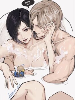 1boy 1girl ada_wong bath bathing bathtub black_hair blonde_hair breasts cleavage collarbone couple heart hug hug_from_behind knees_up leon_s._kennedy looking_at_another medium_breasts meow_(cindy738) nude parted_lips partially_submerged resident_evil rubber_duck shared_bathing short_hair signature sitting soap_bubbles spoken_heart swept_bangs upper_body water wet