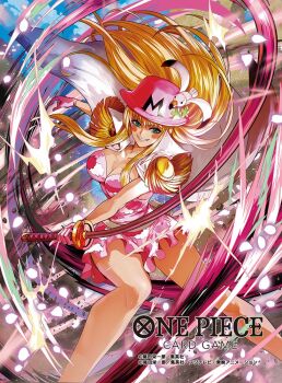 1girl attack belt_pouch blonde_hair blue_eyes blunt_bangs blush_stickers coat coat_on_shoulders commentary_request copyright_name dress epaulettes floating_hair gloves hat holding holding_sword holding_weapon kujaku_(one_piece) long_hair moreshan official_art one_piece one_piece_card_game petals pink_dress pink_gloves pink_hat pink_petals pouch short_dress smile solo sword weapon