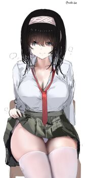 1girl arm_support averting_eyes black_hair blue_eyes blush breasts chair cleavage closed_mouth clothes_lift collarbone collared_shirt commentary_request embarrassed green_skirt hair_between_eyes hair_over_eyes hairband high-waist_skirt highleg highleg_panties highres holding idolmaster idolmaster_cinderella_girls large_breasts legs_together lifting_own_clothes long_hair long_sleeves looking_to_the_side loose_necktie necktie nervous_sweating on_chair open_clothes panties pantyshot partially_unbuttoned pleated_skirt red_necktie rufei_bot sagisawa_fumika school_chair school_uniform shirt shirt_tucked_in shy simple_background sitting skirt skirt_lift smile solo sweat sweatdrop thighhighs underwear upskirt watermark wavy_mouth white_background white_hairband white_panties white_shirt white_thighhighs zettai_ryouiki