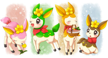 aimi_(aimia492) animal_focus bandana basket berry_(pokemon) black_eyes blush bow cheri_berry commentary_request deer deerling deerling_(autumn) deerling_(spring) deerling_(summer) deerling_(winter) flower gen_5_pokemon leppa_berry nintendo no_humans open_mouth oran_berry pecha_berry pokemon pokemon_(creature) scarf sitrus_berry smile tail tail_bow tail_ornament