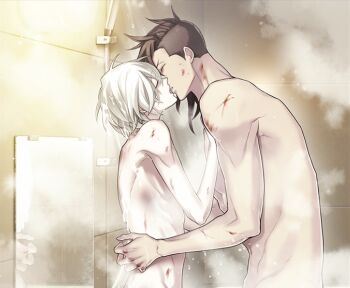 2boys baku_(slow_damage) bathroom black_hair blood closed_eyes cuts game_cg hand_on_another&#039;s_waist hands_on_another&#039;s_chest injury kiss male_focus mirror multiple_boys muscular muscular_male nitro+_chiral nude official_art shiro_(slow_damage) showering skinny slow_damage slow_damage_clean_dishes soap_bubbles steam white_hair yamada_uiro yaoi