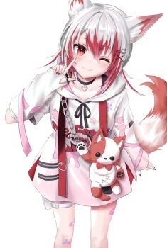 Rule 34 | 1girl, akane micro, alternate costume, animal ears, bandaid, bandaid on leg, bandaid on thigh, belt buckle, black nails, black ribbon, black straps, blush, bow, bowtie, buckle, chain, choker, collarbone, commentary request, detached sleeves, ear piercing, fox ears, fox girl, fox hair ornament, fox tail, hair between eyes, hair ornament, highres, hood, hood down, hoodie, looking at viewer, multicolored hair, official alternate costume, partially translated, piercing, pouch, print hoodie, red bow, red bowtie, red eyes, red hair, red straps, reject (esports), ribbon, simple background, single sidelock, sleeves past wrists, smile, solo, streaked hair, stuffed animal, stuffed toy, syusetu kohaku, tail, thigh pouch, thigh strap, thumb hole sleeves, translation request, two-tone hair, virtual youtuber, white background, white hair, white hoodie, x hair ornament