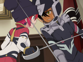 2girls amate_yuzuriha beanie black_bodysuit black_hair bodysuit clenched_teeth duel fencing flag green_eyes grey_bodysuit gundam gundam_gquuuuuux hat helmet highres indoors laofuzi_dai_bansho looking_at_another mecha_pilot_suit mobile_suit_gundam multicolored_bodysuit multiple_girls normal_suit_(gundam) nyaan_(gundam_gquuuuuux) rapier red_bodysuit red_hair scene_reference short_hair sword teeth very_short_hair weapon white_bodysuit yellow_eyes