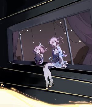 2girls :o astral_express_(honkai:_star_rail) black_boots blue_eyes blue_skirt boots breasts coat commentary cyrene_(aedes_elysiae)_(honkai:_star_rail) cyrene_(honkai:_star_rail) dress highres honkai:_star_rail honkai_(series) march_7th_(honkai:_star_rail) march_7th_(preservation)_(honkai:_star_rail) medium_breasts medium_hair miuryll multiple_girls pink_hair purple_coat shirt short_hair sitting skirt train white_dress white_shirt