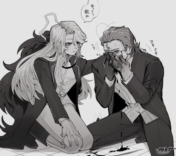 1boy 1girl absurdres ahoge alternate_costume bags_under_eyes beard_stubble bleeding blood blood_drip blood_on_clothes blood_on_face blood_on_hands blood_splatter boots bug coat cockroach collared_shirt colored_extremities colored_skin don_quixote_(project_moon) facial_hair feather_boa fingernails forehead formal_clothes from_side full_body glasses gregor_(project_moon) grey_background greyscale hair_between_eyes hair_slicked_back half-closed_eyes hand_on_another's_shoulder hands_on_own_face hands_up high_collar highres insect jacket kneeling la_manchaland_(identity)_(project_moon) lapels limbus_company long_hair long_sleeves looking_at_another looking_down monochrome nervous_sweating notched_lapels official_alternate_costume open_clothes open_coat open_mouth pants parted_bangs parted_lips ponytail project_moon ribbed_shirt seiza shirt short_hair sideburns simple_background sitting speech_bubble stubble suit suit_jacket sweat turtleneck very_long_hair vomiting vomiting_blood wavy_hair