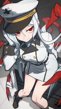 1girl arthropod_girl arthropod_limbs belt black_belt black_boots black_socks boots breasts coat commission gloves hat hata4564 highres insect_girl light_smile long_hair looking_at_viewer medium_breasts monster_girl original peaked_cap red_eyes sitting skeb_commission socks solo spider_girl very_long_hair white_coat white_gloves white_hair white_hat