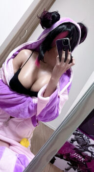 1girl black_bra bra breasts capcom cellphone cleavage cosplay cosplay_photo female_focus han_juri han_juri_(cosplay) highres holding holding_phone indoors large_breasts lireia_reiyou phone photo_(medium) real_life selfie smartphone solo street_fighter underwear