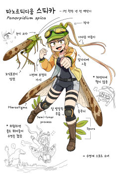 1girl :d absurdres arthropod_girl baseball_cap belt black_belt blonde_hair blush boots brown_boots bug clenched_hands commentary creature_and_personification english_commentary fang galois goggles goggles_on_head grasshopper grasshopper_girl green_hat hat highres insect insect_wings jacket knee_pads korean_text looking_at_viewer low_wings mixed-language_text open_mouth original panorpidium_spica personification pointing_out_the_details sidelocks smile solo translated twintails wings yellow_eyes yellow_jacket
