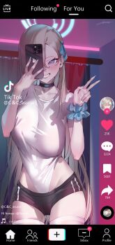 1girl alternate_costume asuna_(blue_archive) asymmetrical_bangs black_choker blue_archive blue_eyes blue_halo blush breasts buruma choker curtains fake_phone_screenshot fake_screenshot grin haine_1871 hair_behind_ear hair_between_eyes hair_over_one_eye hair_ribbon halo highleg highleg_leotard highres holding holding_phone indoors lamp large_breasts leotard light_brown_hair long_hair phone ribbon scrunchie selfie short_sleeves smile solo standing taking_picture thighhighs tiktok tiktok_logo tiktok_username underwear user_interface v very_long_hair wrist_scrunchie