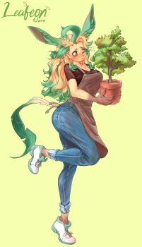1girl absurdres ahoge apron blonde_hair blush boots denim eevee_ears furry furry_female gen_4_pokemon gradient_hair green_hair highres jeans leaf leafeon long_hair multicolored_hair nintendo noru_(noruru3737) pants personification plant pokemon potted_plant short_sleeves solo standing standing_on_one_leg sweat tail yellow_background