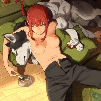 1girl absurdres bare_shoulders black_pants braid breasts casual_nudity chainsaw_man cigarette cigarette_pack cleavage dog english_text highres holding holding_cigarette khyle. lying makima_(chainsaw_man) medium_breasts navel nipples on_back open_fly pants red_hair sidelocks stomach topless_female underwear wooden_floor