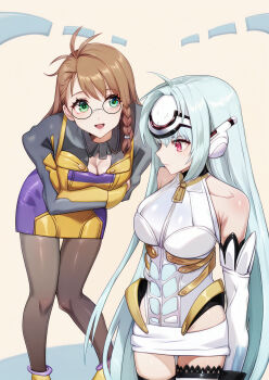 2girls android armpit_crease arms_under_breasts bare_shoulders blue_hair breasts brown_hair cleavage cleavage_cutout clothing_cutout commentary_request dress forehead_protector glasses green_eyes highres kos-mos large_breasts leaning_forward long_hair mon_7291 multiple_girls pantyhose red_eyes round_eyewear shion_uzuki short_dress standing very_long_hair xenosaga xenosaga_episode_i