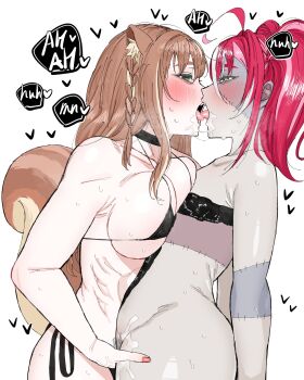Rule 34 | 2girls, ahoge, animal ear fluff, animal ears, asymmetrical docking, ayunda risu, bikini, black bikini, black bra, black choker, blonde streaks, blush, bra, braid, breast press, breasts, brown hair, carrot 011, choker, colored skin, commentary, commission, english commentary, female pubic hair, fingering, flat chest, french kiss, from side, green eyes, heart, highres, hololive, hololive indonesia, kiss, kureiji ollie, large breasts, long hair, loving aura, micro bikini, multicolored hair, multicolored skin, multiple girls, nail polish, open mouth, patchwork skin, pink hair, pink nails, pubic hair, pussy juice, short hair, side-tie bikini bottom, sidelocks, simple background, squirrel ears, squirrel girl, squirrel tail, stitched arm, stitched face, stitched torso, stitches, streaked hair, sweat, swimsuit, tail, tongue, twintails, two-tone hair, underwear, virtual youtuber, white background, white streaks, yellow eyes, yuri, zombie