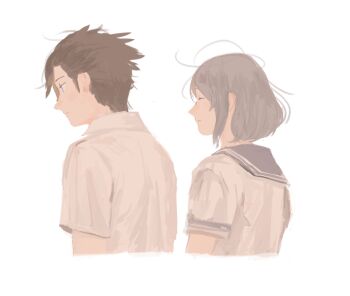 1boy 1girl alternate_universe black_hair blue_eyes clive_rosfield closed_mouth collared_shirt cropped_torso final_fantasy final_fantasy_xvi grey_hair grey_sailor_collar hair_slicked_back j2_path jill_warrick light_smile sailor_collar school_uniform shirt short_sleeves white_background white_shirt