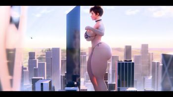 1girl animated ass bikini breasts building city cityscape crushing destruction english_flag giant giantess gigaenjoyer highres huge_ass huge_breasts overwatch overwatch_1 robot short_hair sitting sound spiked_hair string_bikini swimsuit tagme thick_thighs thighs tracer_(overwatch) video