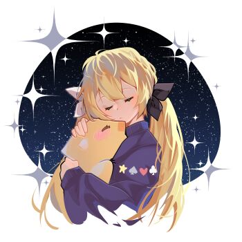 Rule 34 | 1girl, blonde hair, blue sweater, blush stickers, closed eyes, closed mouth, club (shape), dokibird, dokibird (retro doki), dragoon (dokibird), heart, hug, indie virtual youtuber, kirai illust, long hair, long sleeves, sky, spade (shape), star (sky), star (symbol), starry background, starry sky, sweater, twintails, upper body, virtual youtuber, white background