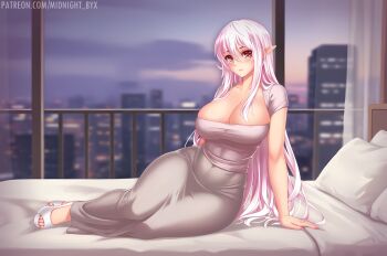 1girl artist_name bed bedroom blush breasts building city city_lights cityscape cleavage covered_navel dongtan_dress dress eye_tattoo facial_mark facial_tattoo full_body grey_dress hair_between_eyes high_heels highres indoors kyara_akaro large_breasts long_hair long_skirt looking_at_viewer midnight_(banyex) mole mole_under_eye no_socks on_bed original patreon_username pencil_dress pencil_skirt pillow pink_hair pointy_ears red_eyes red_tattoo scenery shoes skirt sky skyscraper slit_pupils smile solo tattoo taut_clothes taut_dress tight_clothes tight_dress very_long_hair watermark web_address white_shoes