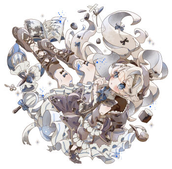 1girl absurdres bandaid bandaid_on_leg bare_shoulders blonde_hair blue_bow blue_bowtie blue_eyes blush boots bow bowtie brown_boots brown_dress brown_gloves commentary_request dress full_body gloves hair_between_eyes highres knee_boots long_hair long_sleeves looking_at_viewer miniko_0325 open_mouth original simple_background solo white_background