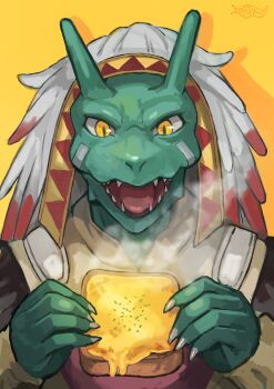 1boy absurdres bread bread_slice cheese colored_skin commentary_request dido_(di_do_di_do) fingernails food furry furry_male goblin_slayer! green_skin grey_hair happy headdress highres holding holding_food horns lizard_priest_(goblin_slayer!) lizardman long_hair male_focus native_american_headdress sharp_fingernails slit_pupils snout solo toast yellow_eyes