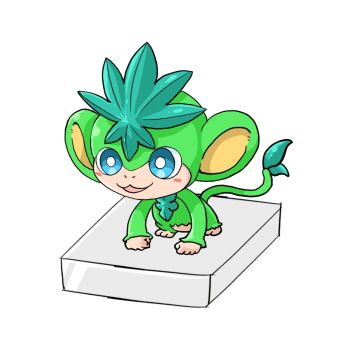 bright_pupils green_fur kunimitsudx looking_at_viewer monkey no_humans pal_(creature) palworld simple_background solo tail tanzee white_background white_pupils