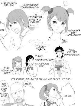 Rule 34 | 2boys, 2girls, age progression, aged up, artist check, father and daughter, greyscale, lab coat, monochrome, multiple boys, multiple girls, okabe rintarou, science adventure, steins;gate, steins;gate: the committee of antimatter, tennouji nae, tennouji nae (robotics;notes), tennouji yuugo, yoshida tadasu