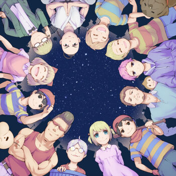 3girls 6+boys ana_(mother) baseball_cap black_eyes black_hair blonde_hair blue_eyes boney bow brown_hair claus_(mother_3) dog doseisan dress duster_(mother) glasses hair_bow hat jeff_andonuts kumatora lloyd_(mother) lucas_(mother_3) monkey mother_(series) mother_1 mother_2 mother_3 multiple_boys multiple_girls ness_(mother_2) ninten nintendo orange_hair orizuru paula_(mother_2) pink_hair poo_(mother_2) salsa_(mother) shirt short_twintails sky smile star_(sky) starry_sky striped_clothes striped_shirt sweater teddy_(mother) topknot trash_can twintails white_hair