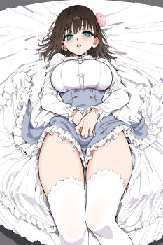Rule 34 | 1girl, absurdres, blue eyes, blue skirt, blush, breasts, brown hair, buttons, comic bavel, commentary request, flower, frilled skirt, frilled thighhighs, frills, hair flower, hair ornament, high-waist skirt, highres, kyokucho, large breasts, long sleeves, looking at viewer, lying, maid kyouiku, medium hair, on back, open mouth, original, own hands together, rurikawa tsubaki, shirt, skirt, solo, thighhighs, thighs, white shirt, white thighhighs