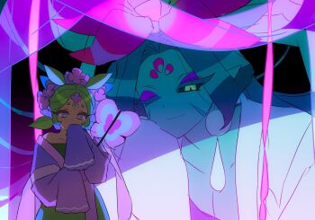 2girls ;) backlighting black_background black_sclera blue_butterfly blue_eyes blue_hair blue_skin breasts bug butterfly cleavage closed_mouth coat collarbone colored_eyelashes colored_sclera colored_skin cookie_run cookie_run:_ovenbreak covering_own_mouth dress earrings eyeshadow facial_mark fang flower forehead_jewel gem genderswap genderswap_(otf) green_dress green_eyes green_hair hair_flower hair_ornament hand_on_own_cheek hand_on_own_face hand_up highres holding holding_staff humanization hydrangea_cookie insect jewelry leaf_hair_ornament leaning_forward looking_at_another looking_at_viewer lotus_dragon_cookie makeup multicolored_eyes multiple_girls ohta_guk_hip one_eye_closed open_clothes open_coat pink_eyes pink_flower pink_gemstone pink_ribbon pointy_ears purple_butterfly purple_coat purple_eyeshadow purple_pupils ribbon short_hair simple_background single_bare_shoulder slit_pupils smile staff strapless strapless_dress teardrop_earrings tsurime two-tone_eyes upper_body white_coat