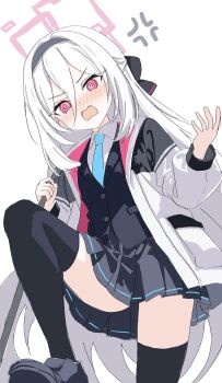 1girl @_@ anger_vein black_hairband black_skirt black_thighhighs blue_archive blue_necktie blush bow collared_shirt double-parted_bangs hair_between_eyes hairband halo highres jacket kamitosayu kei_(blue_archive) kei_(new_body)_(blue_archive) long_hair long_hair_between_eyes long_sleeves multicolored_jacket necktie open_mouth pink_eyes pink_halo pleated_skirt rectangular_halo red_eyes shirt shoes skirt solo thighhighs two-tone_jacket very_long_hair white_hair white_jacket white_shirt