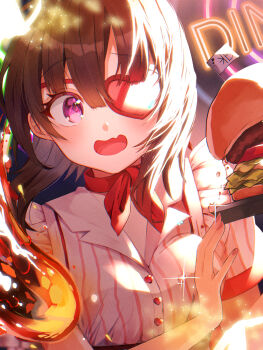 1girl alternate_costume blunt_bangs blush breasts brown_hair burger commentary_request eyelashes eyepatch eyes_visible_through_hair fang floating_hair food haramakiii10 heart heart_eyepatch heaven_burns_red highres hiiragi_kozue hitodama light_particles looking_at_viewer medium_breasts medium_hair neck_ribbon one_eye_covered purple_eyes red_ribbon ribbon shirt short_sleeves sidelighting skin_fang solo striped_clothes striped_shirt tareme upper_body vertical-striped_clothes vertical-striped_shirt waitress white_shirt