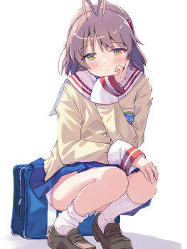 1girl akayama_yukihe antenna_hair bag blue_bag blue_skirt blush brown_eyes brown_hair brown_shoes clannad commentary_request furukawa_nagisa hand_on_own_chin hand_on_own_knee head_on_hand highres hikarizaka_private_high_school_uniform jacket long_sleeves looking_at_viewer panties partial_commentary sailor_collar school_uniform shoes short_hair simple_background skirt socks solo squatting underwear white_background white_panties white_sailor_collar white_socks yellow_jacket