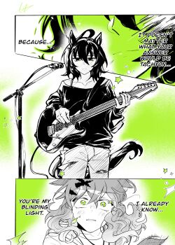 2girls :| absurdres agnes_tachyon_(umamusume) ahoge animal_ears awestruck blush cable closed_mouth collarbone commentary crossed_bangs derivative_work ears_down electric_guitar english_text fakukore green_eyes green_theme guitar guitar_strap hair_between_eyes hair_ornament highres holding holding_guitar holding_instrument horse_ears horse_girl horse_tail instrument jungle_pocket_(umamusume) kininatteru_hito_ga_otoko_ja_nakatta medium_hair microphone microphone_stand multiple_girls nail_polish pants parody standing sweater tail torn_clothes torn_pants umamusume wavy_hair yuri